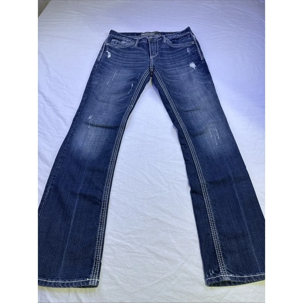 BKE Aiden Jeans Mens 29R  Straight Distressed Stretch  Denim Buckle WHISKERING